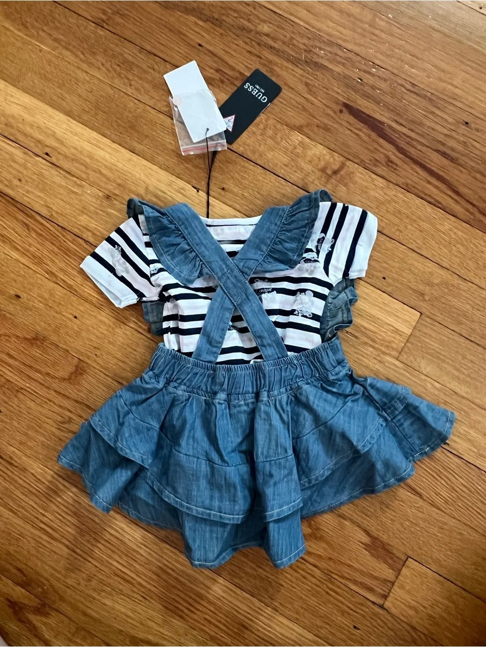 Guess Girls Denim Ruffle Overall Skirt with Navy & White Stripe Tee